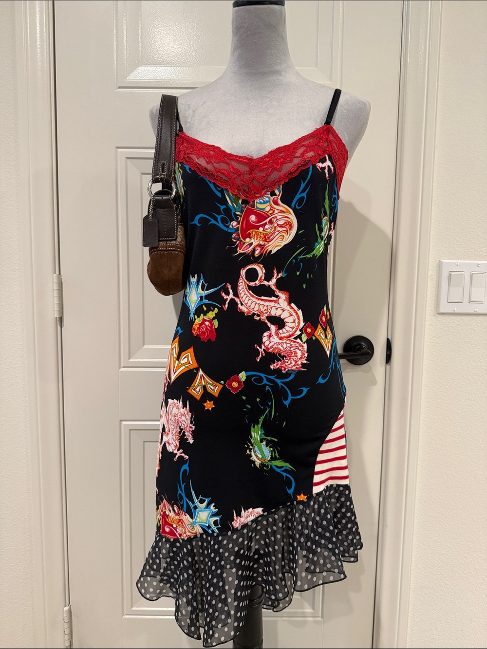 Rare Euro Black Spaghetti Strap Slip Dress with Red Lace & Dragon Print